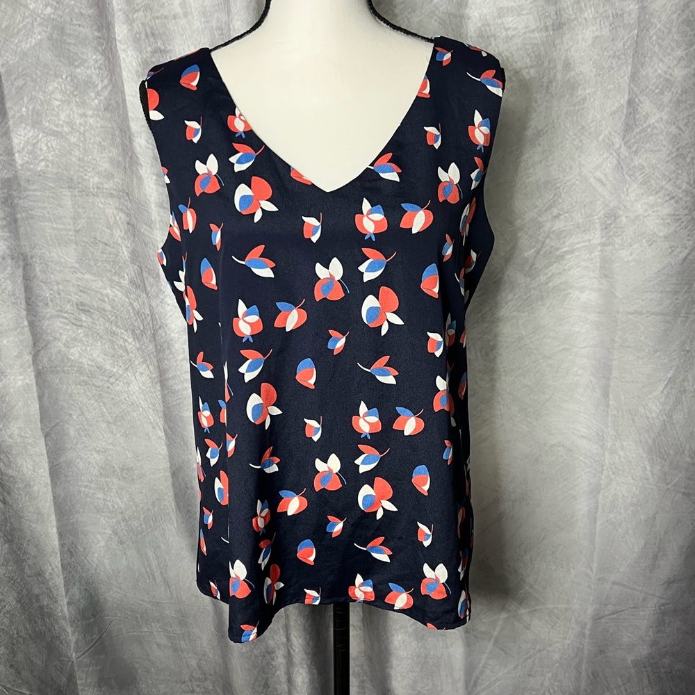 ANTHROPOLOGIE W5 Navy, Orange, Periwinkle & Cream Floral Tulip Pattern Tank Top - Picture 2 of 10